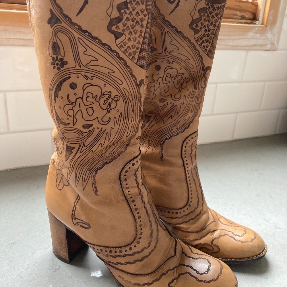 Anthropologie Tan Embroidered Leather Knee-High Heeled Boots - Picture 10 of 11